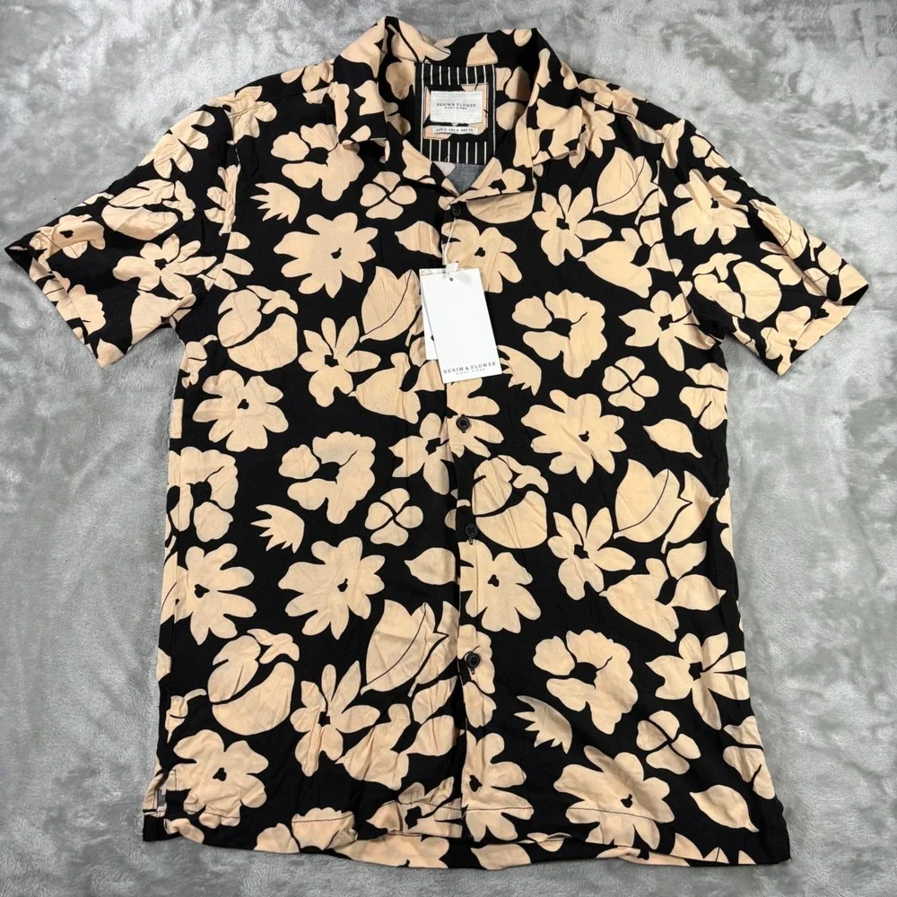 Denim & Flower Ricky Singh Mens Small Floral Button Down Shirt Black Tan NWT